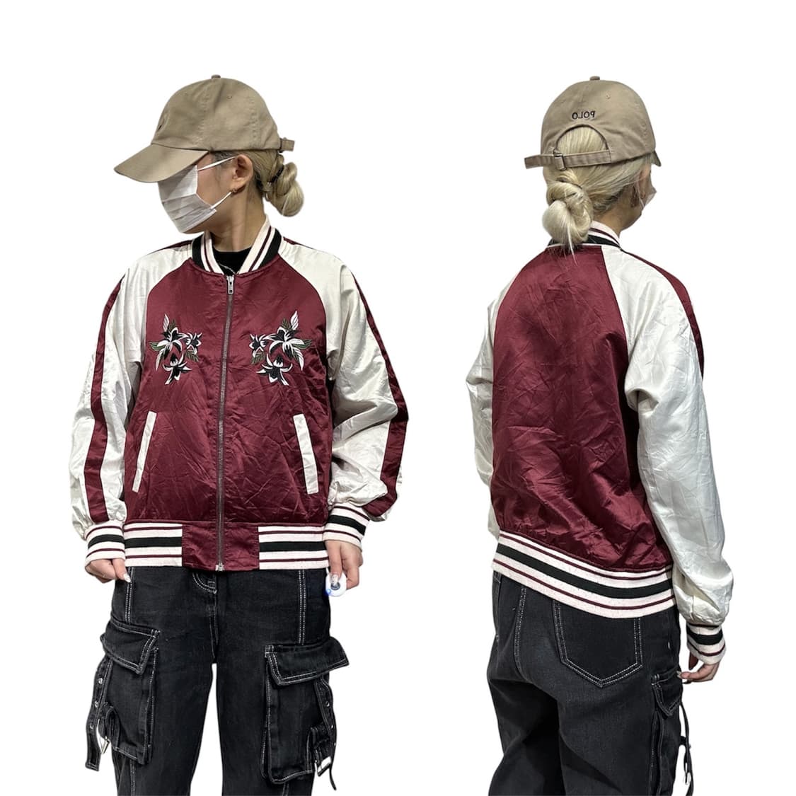 일본 빈티지 버건디 화이트 자수 크롭 스카잔 자켓 M 상품이미지1