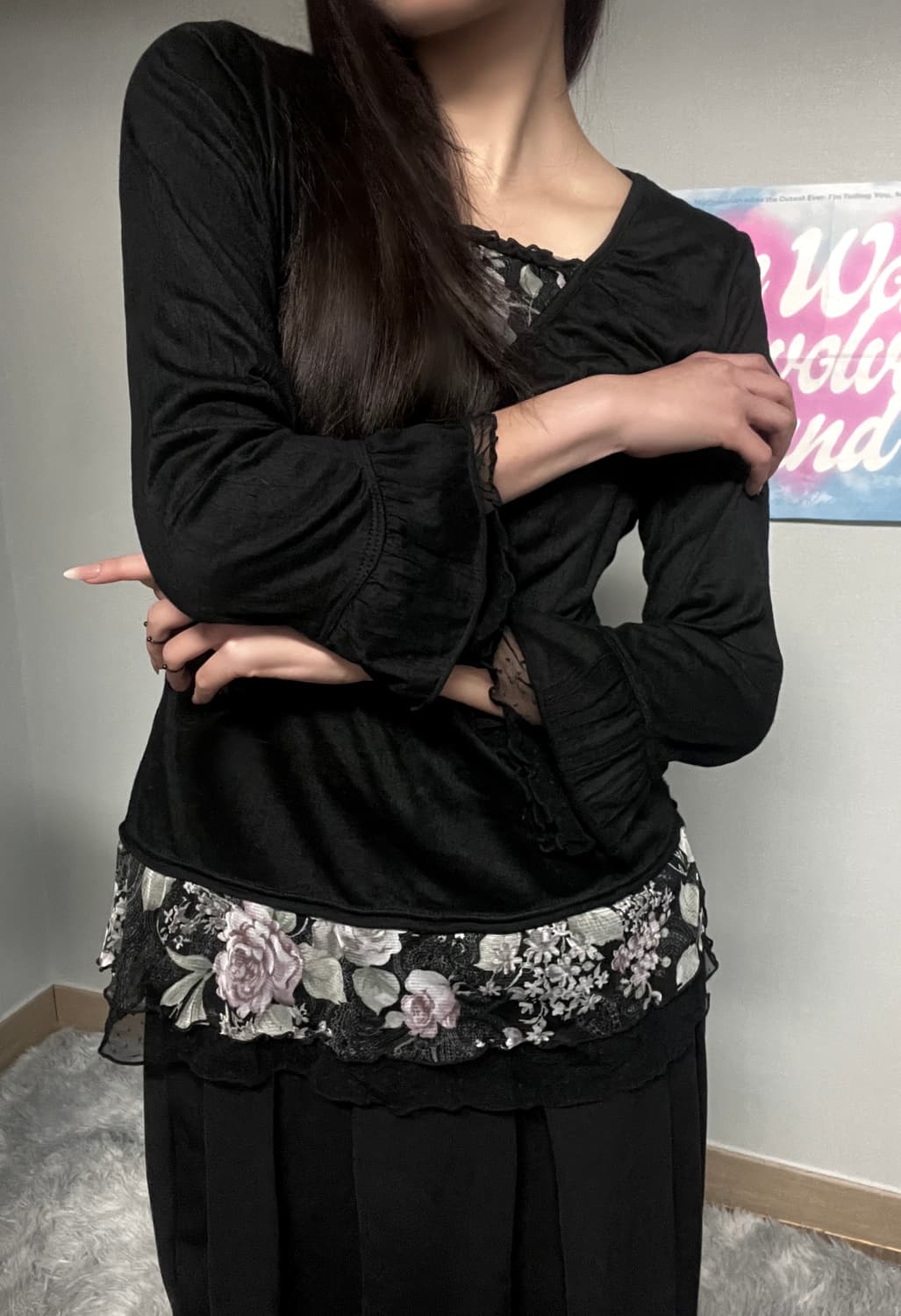 블랙 고딕 로즈 장미 프릴 레이스 셔링 쉬폰 레이어드 블라우스 상품이미지5