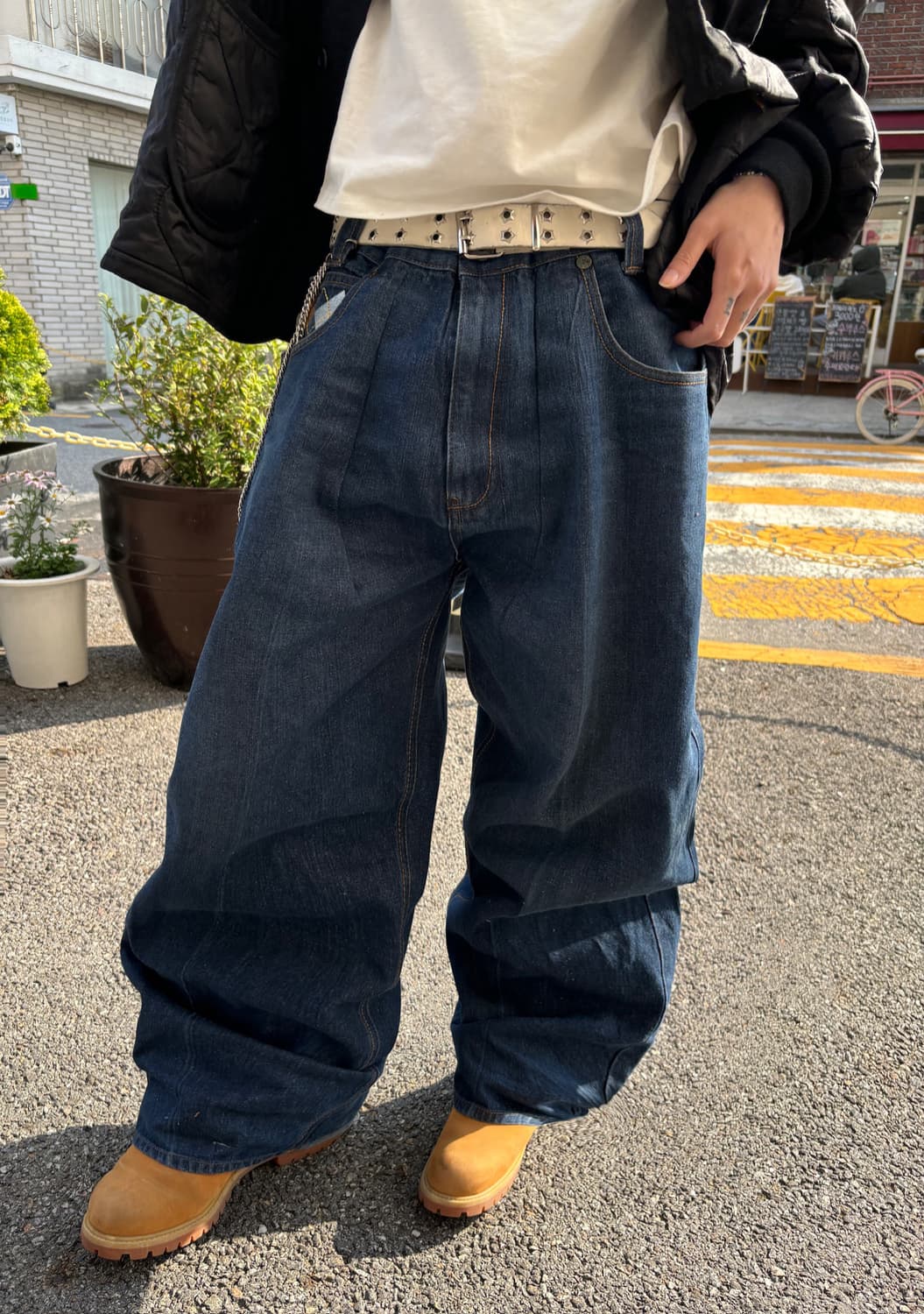 90s 올드스쿨 아가일 자수 데님 와이드팬츠 상품이미지2