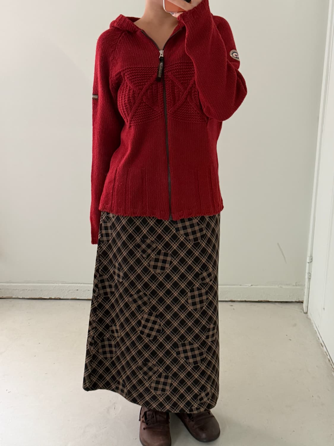 일본빈티지 패치워크 브라운체크 롱스커트 상품이미지4