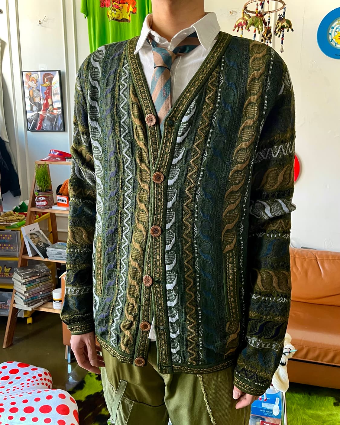 1990s COOGI 3D Cable Green Knit Cardigan 상품이미지2