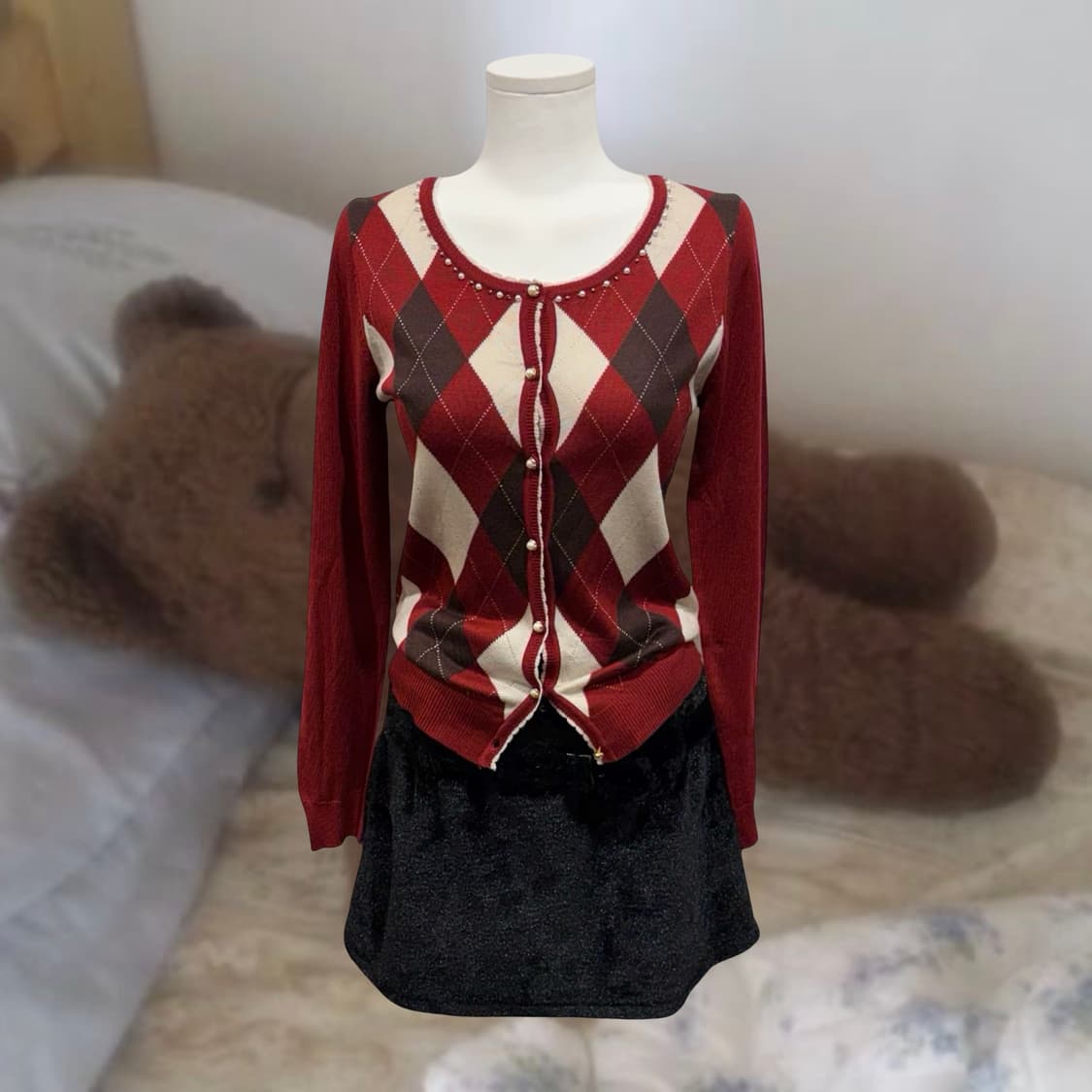 빈티지 y2k 하이틴 버건디 아가일 니트 가디건 상품이미지5