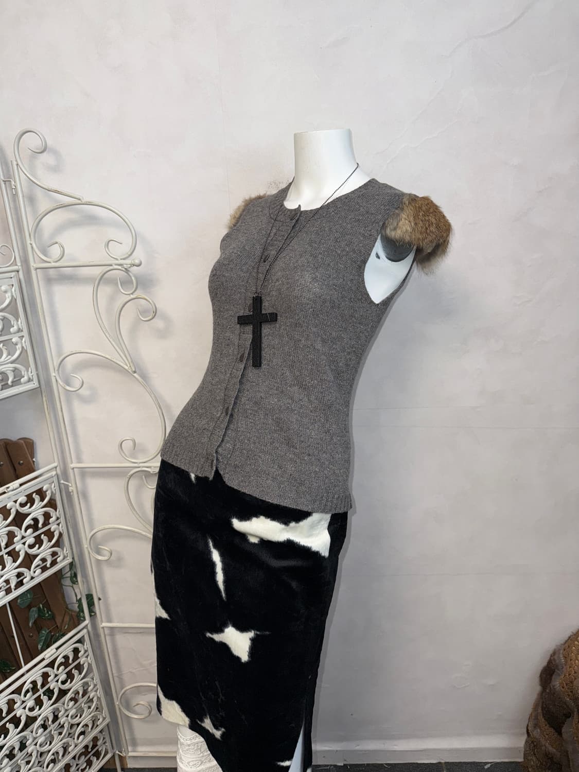 Gray wool rabbit fur trimming half knit 상품이미지5