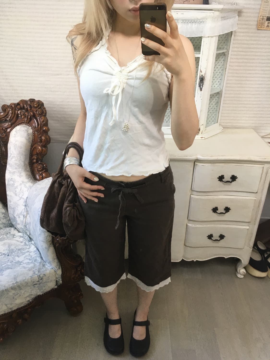 jpn vintage 브라운 모리 레이스 카프리 팬츠 상품이미지3
