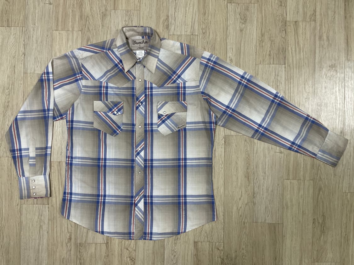 105) 90's 랭글러 베이지체크 샴브레이 웨스턴셔츠 상품이미지1