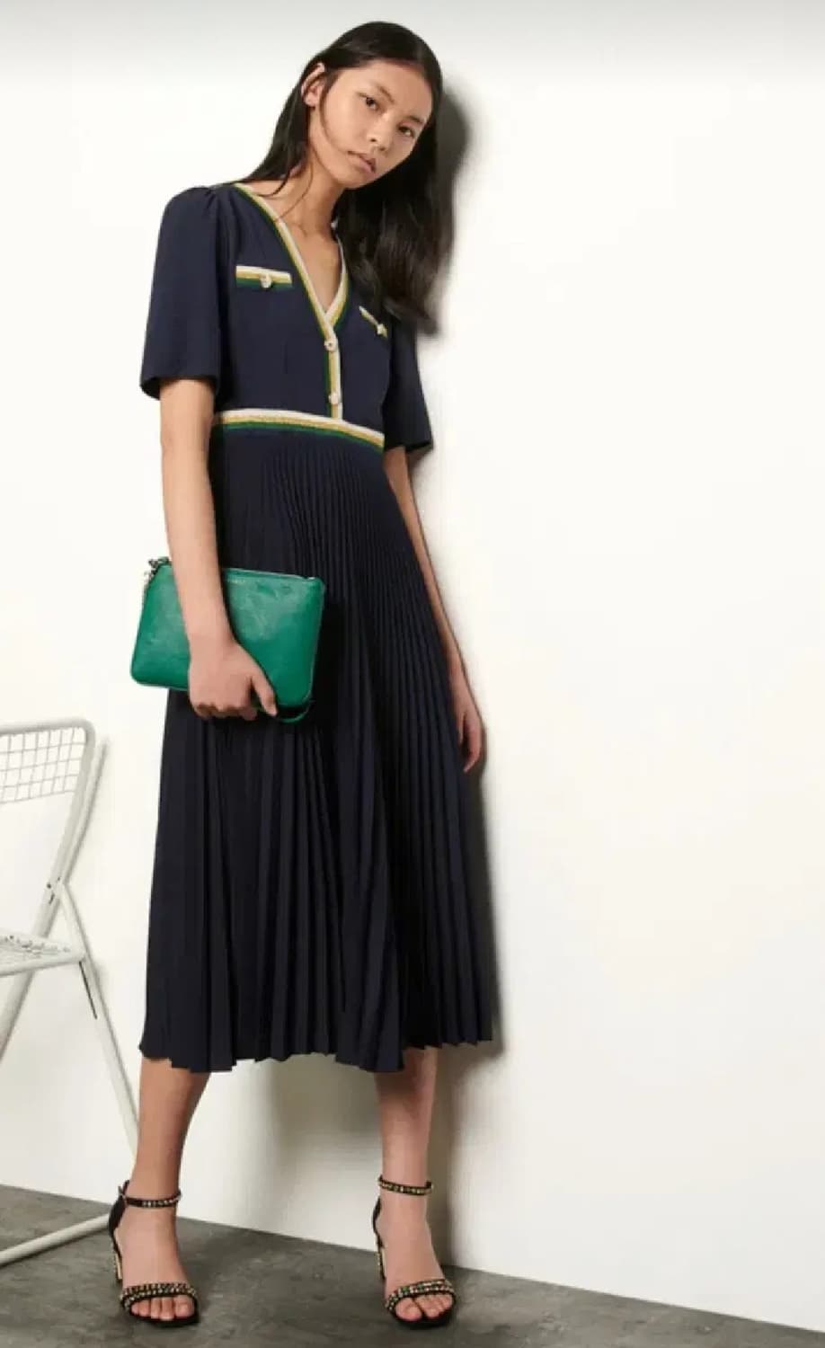 산드로 트리밍 플리츠 롱 원피스 34사이즈 상품이미지1