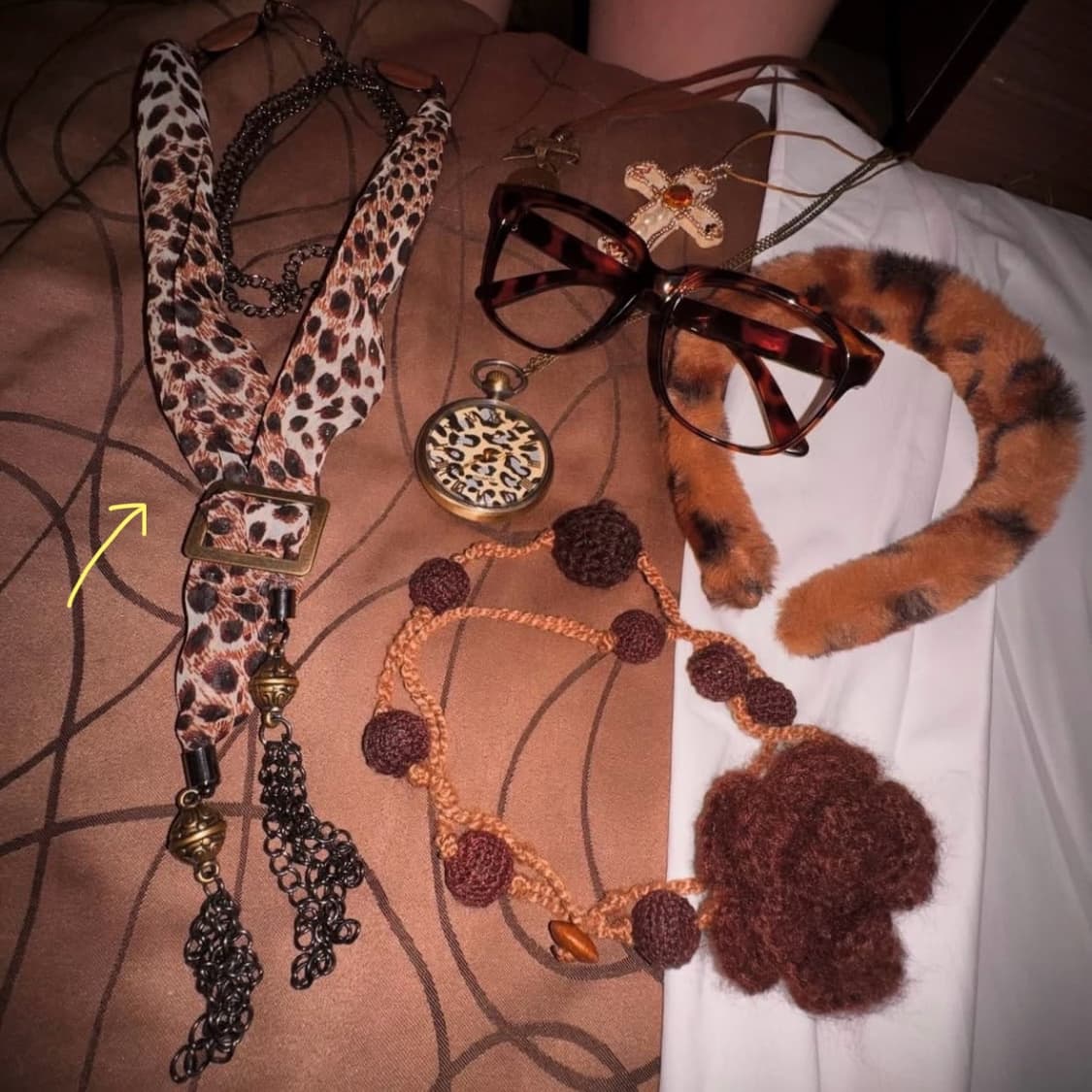 오네갸루 히메갸루 펑크 레오파드 호피 태슬 체인 비즈 스카프 타이 목걸이 상품이미지1