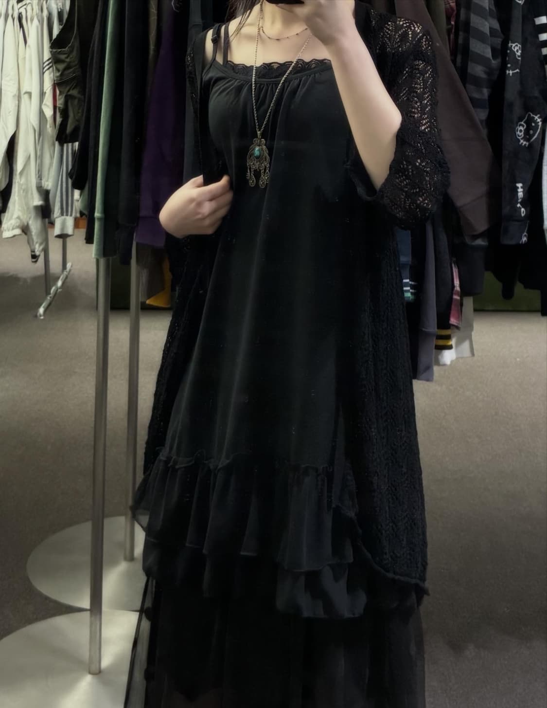 3L)Japanese vintage 블랙 레이스 디테일 나시 원피스 상품이미지1