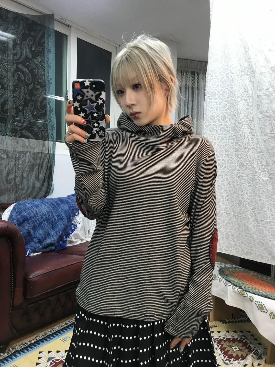 빈티지 여성 스트라이프 엘보패치 후드티  상품이미지2