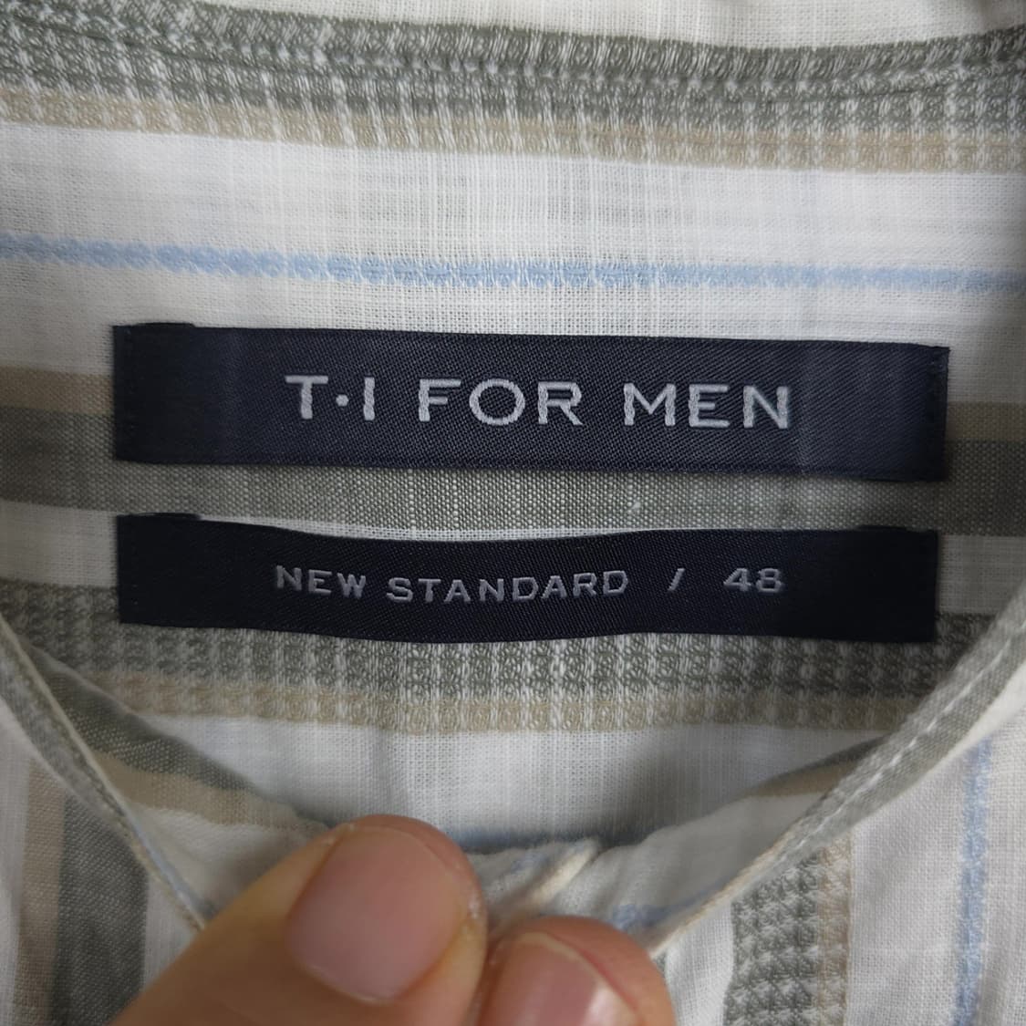 남성용 T.I FOR MEN 스트라이프 카키 린넨 셔츠 100 상품이미지5