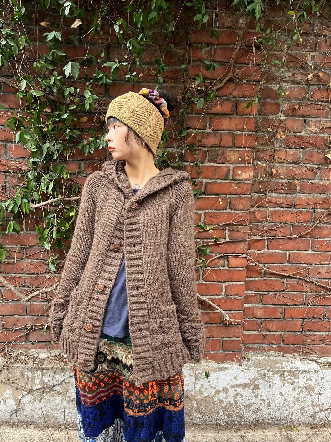 일본 브라운 케이블 포인트 후드 니트 카디건 상품이미지1