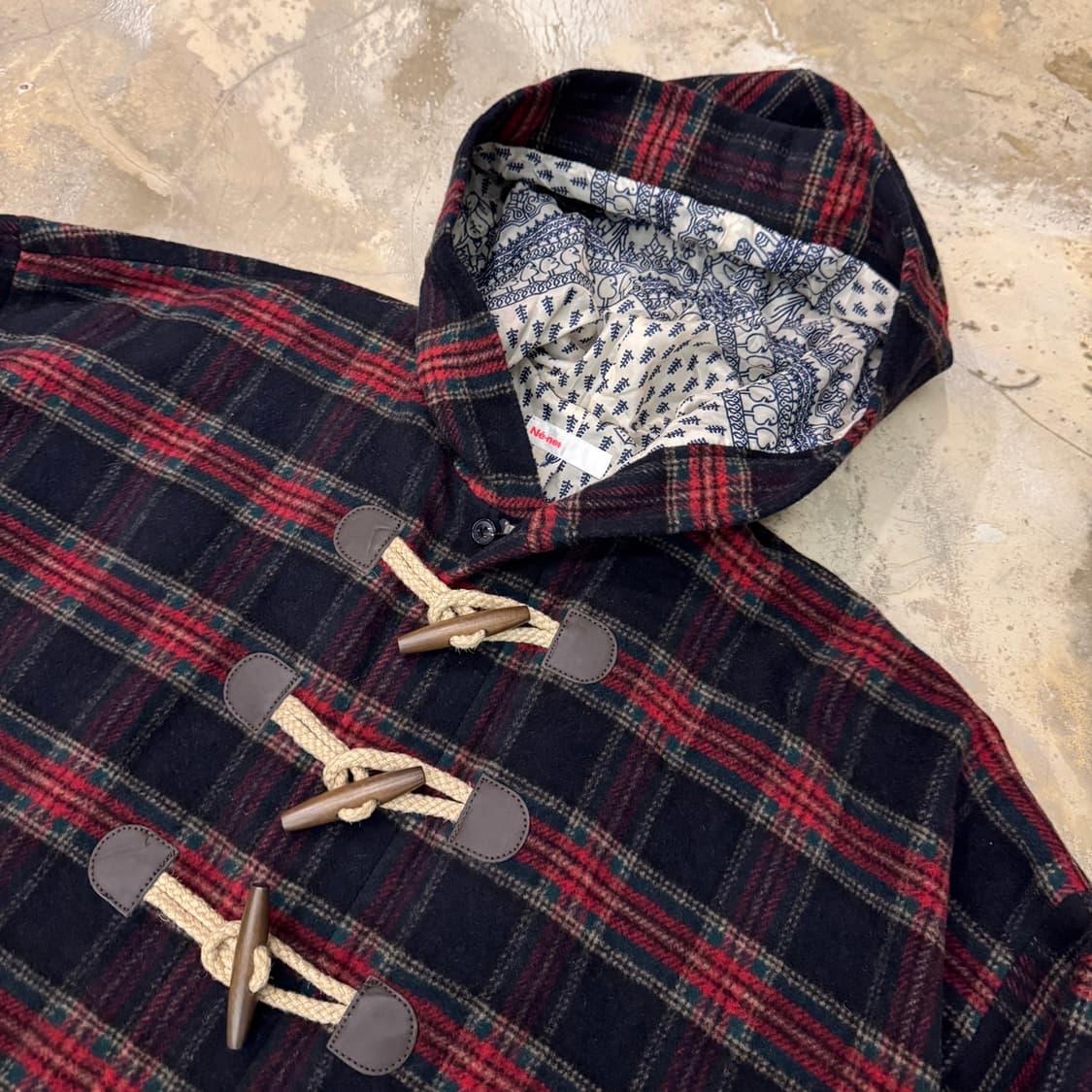 네넷 후드 더플 체크 코트 네이비/레드 상품이미지4