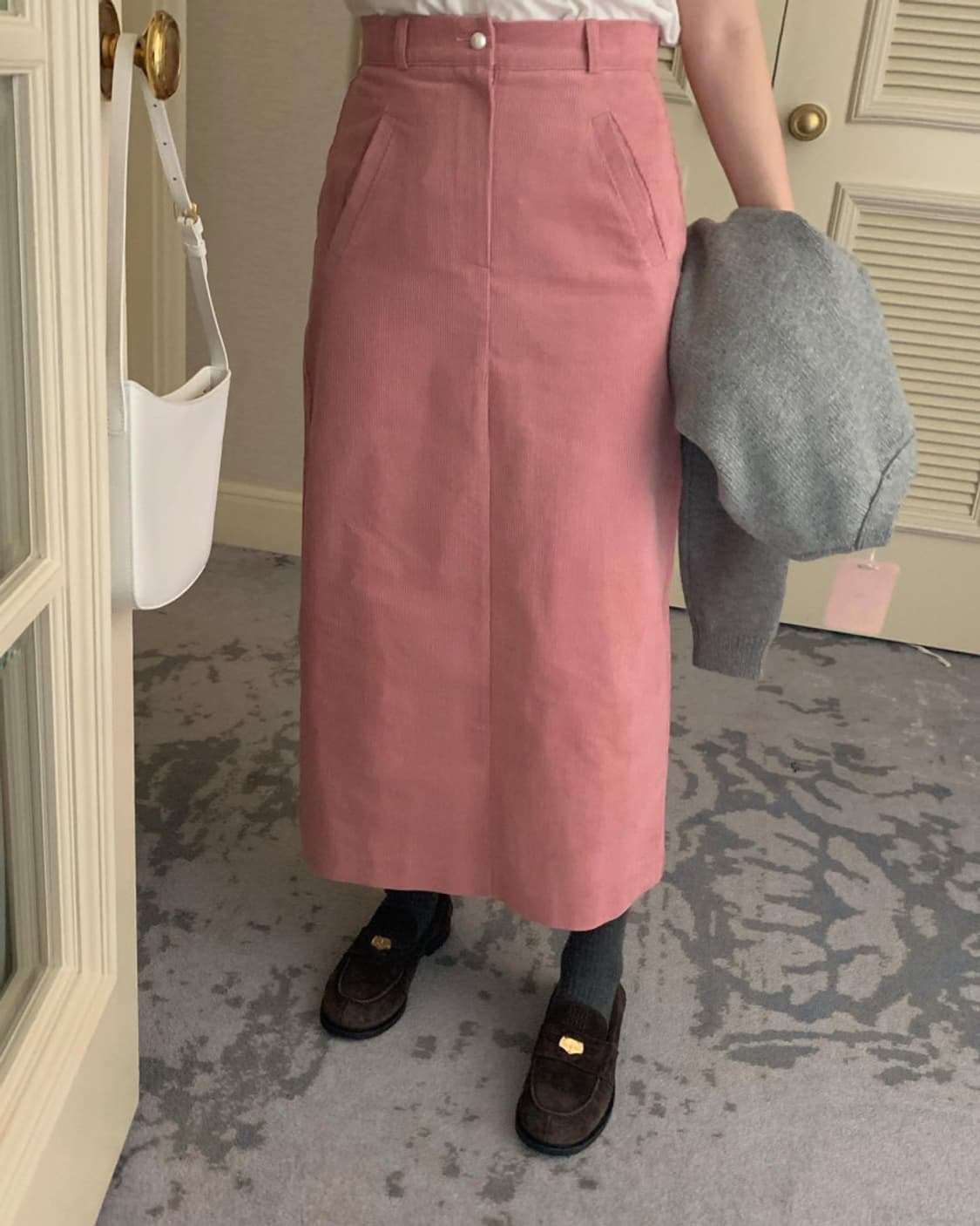 (PYT)프리티영띵 펄 단추 골덴 코듀로이 롱 H라인 스커트 핑크 S 상품이미지2