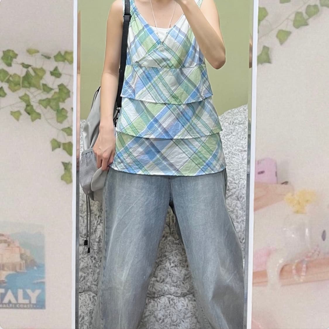 빈티지 그린 체크 캉캉 모리걸 슬리브리스 블라우스 상품이미지1