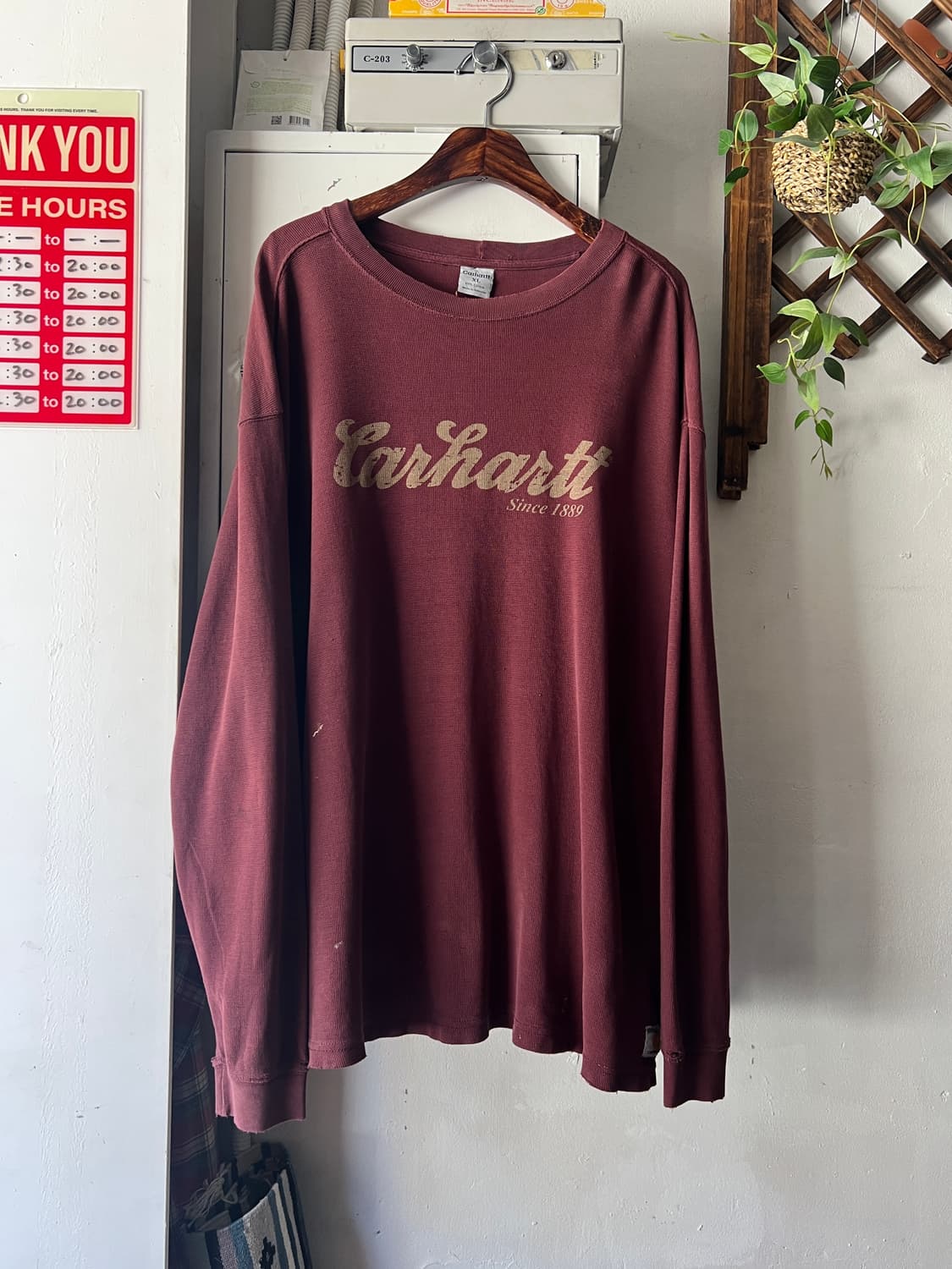 [XL]칼하트 USA 빈티지 데미지 버건디 와플 롱슬리브 티셔츠 상품이미지1