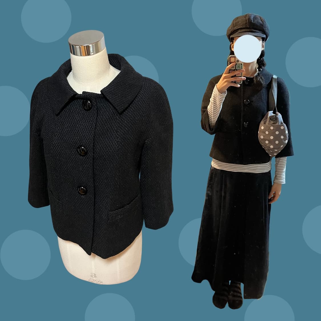 단추 포인트! 도쿄걸 7부 소매 블랙 울 숏자켓 상품이미지1