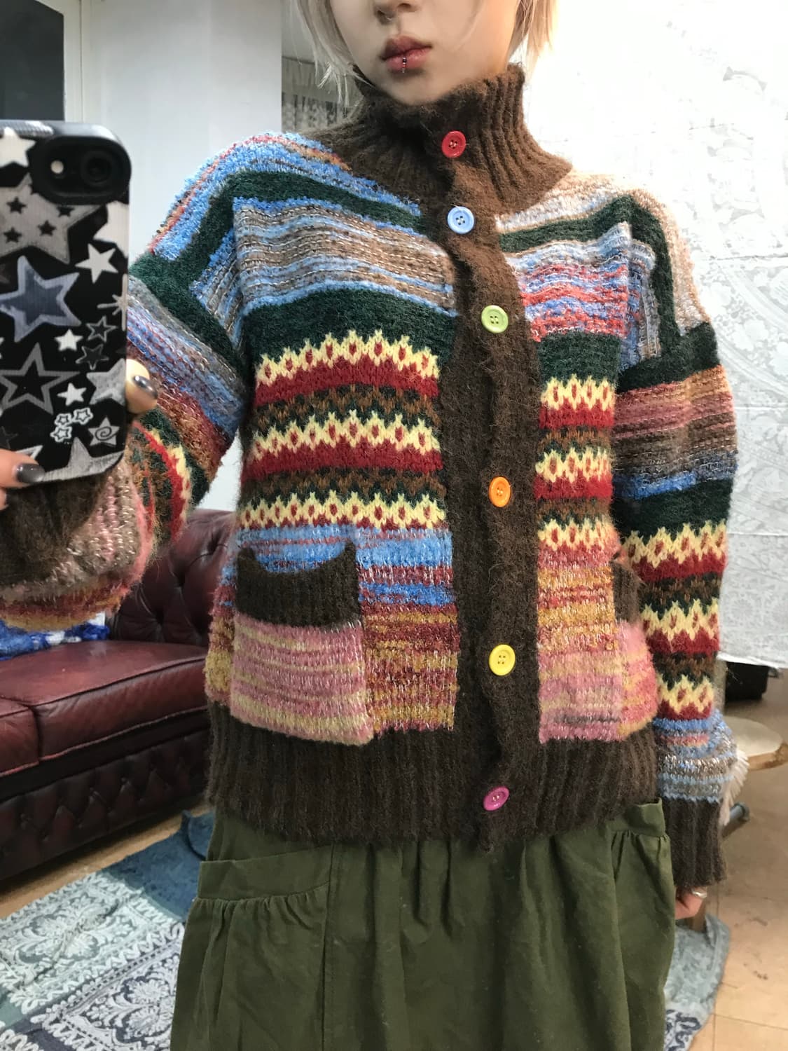 빈티지 여성 멀티컬러 하이넥 니트 가디건  상품이미지2