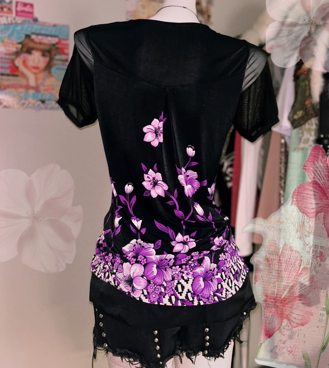 오리엔탈 오네갸루 플라워 패턴 반팔탑 상품이미지5