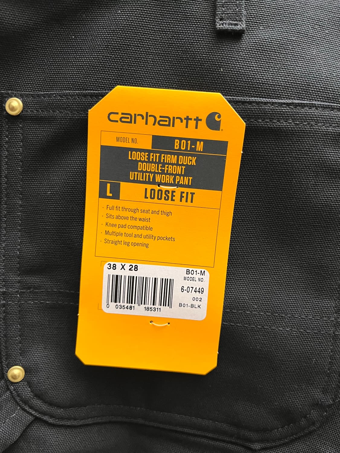 [새상품] 칼하트 B01 루즈핏 더블니 워크 팬츠 블랙 38x28 상품이미지8