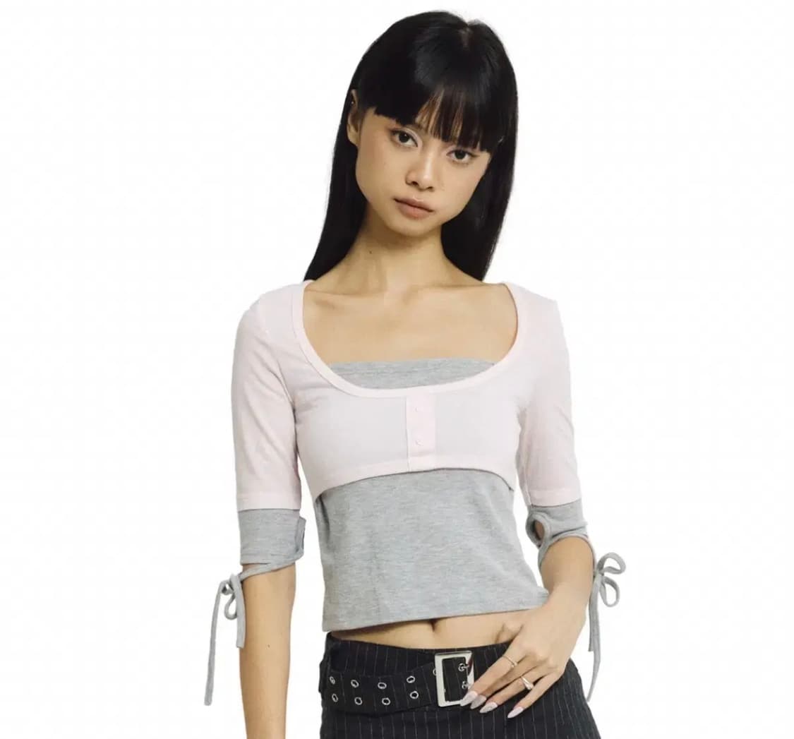 포어링 LAYERED CAKE TEE [GREY-PINK] 상품이미지1