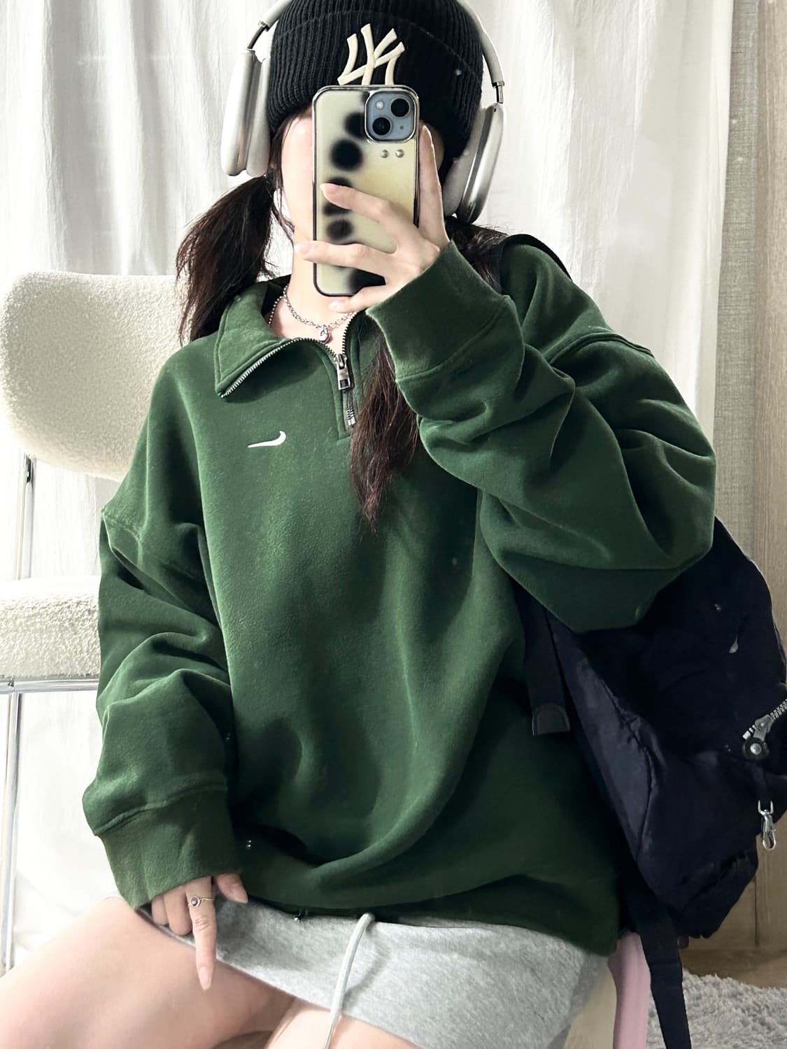 나이키 스우시 딥그린 코튼 반집업 상품이미지1