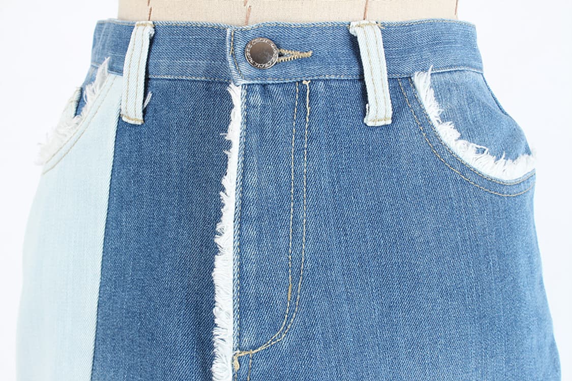 배색 투톤 데님 워싱 데미지 프린지 패턴 패치워크 언발 H라인 롱 청치마 상품이미지2
