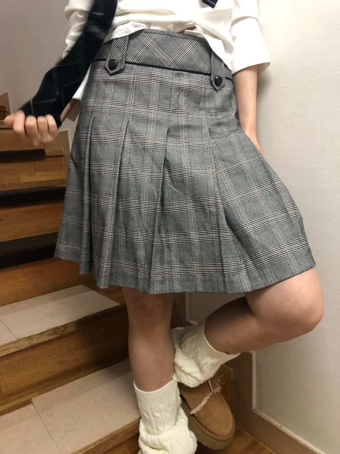 빈티지 그레이 체크 플리츠 미디 스커트 상품이미지5