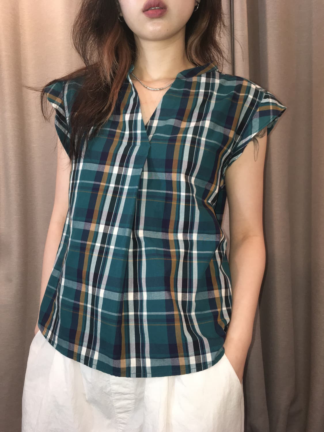 일본빈티지 민트 체크블라우스 상품이미지1