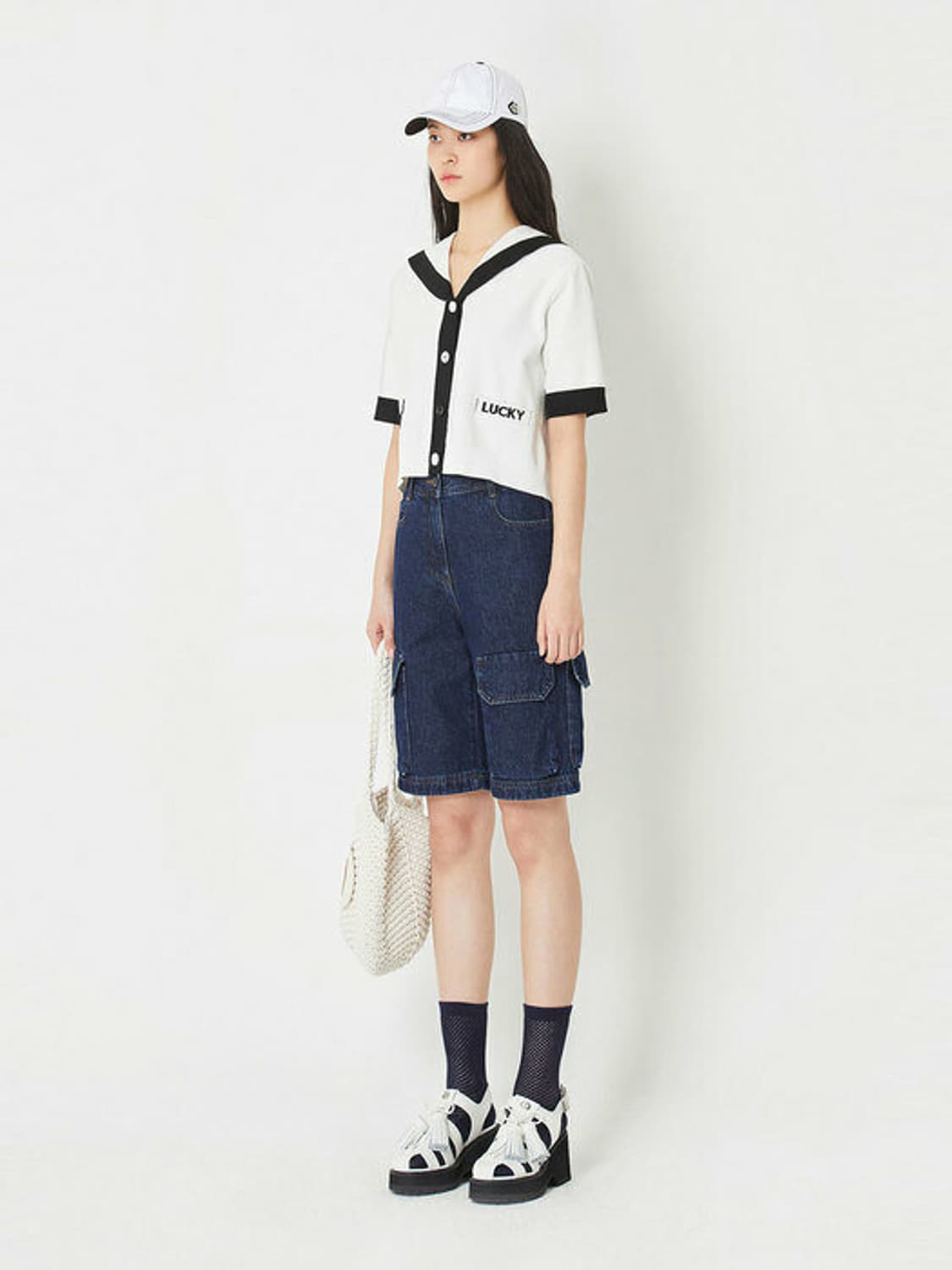 급처상태좋음!럭키슈에뜨 세일러카라 니트 반팔 가디건 프리사이즈 상품이미지5