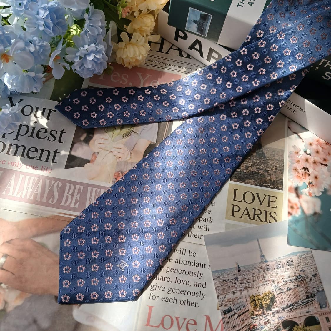 셀린느 실크 블루 플라워 자수 넥타이 9cm B등급 E908 상품이미지2