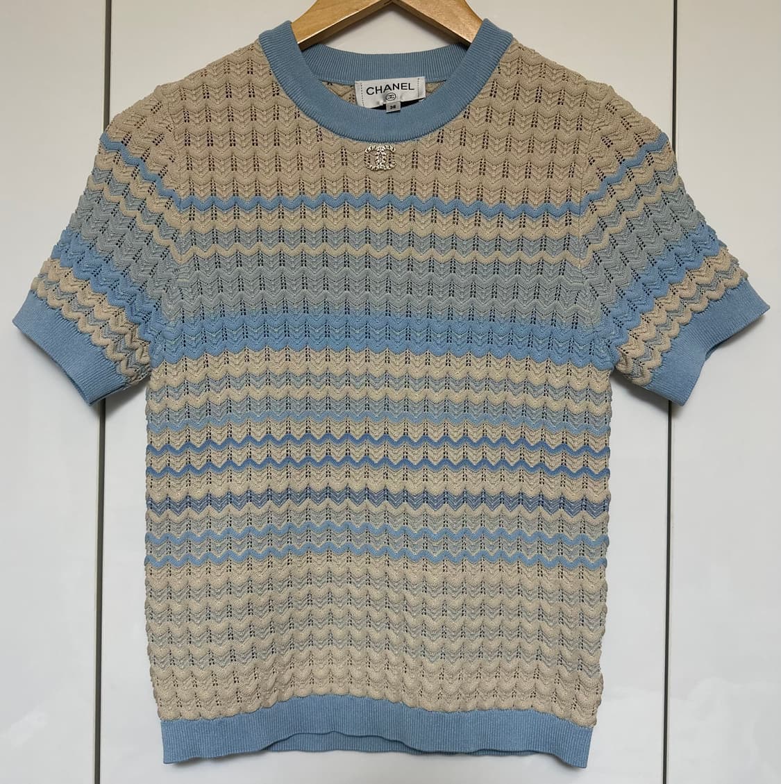 샤넬 반팔 니트 티셔츠 블루 베이지 정품 상품이미지1
