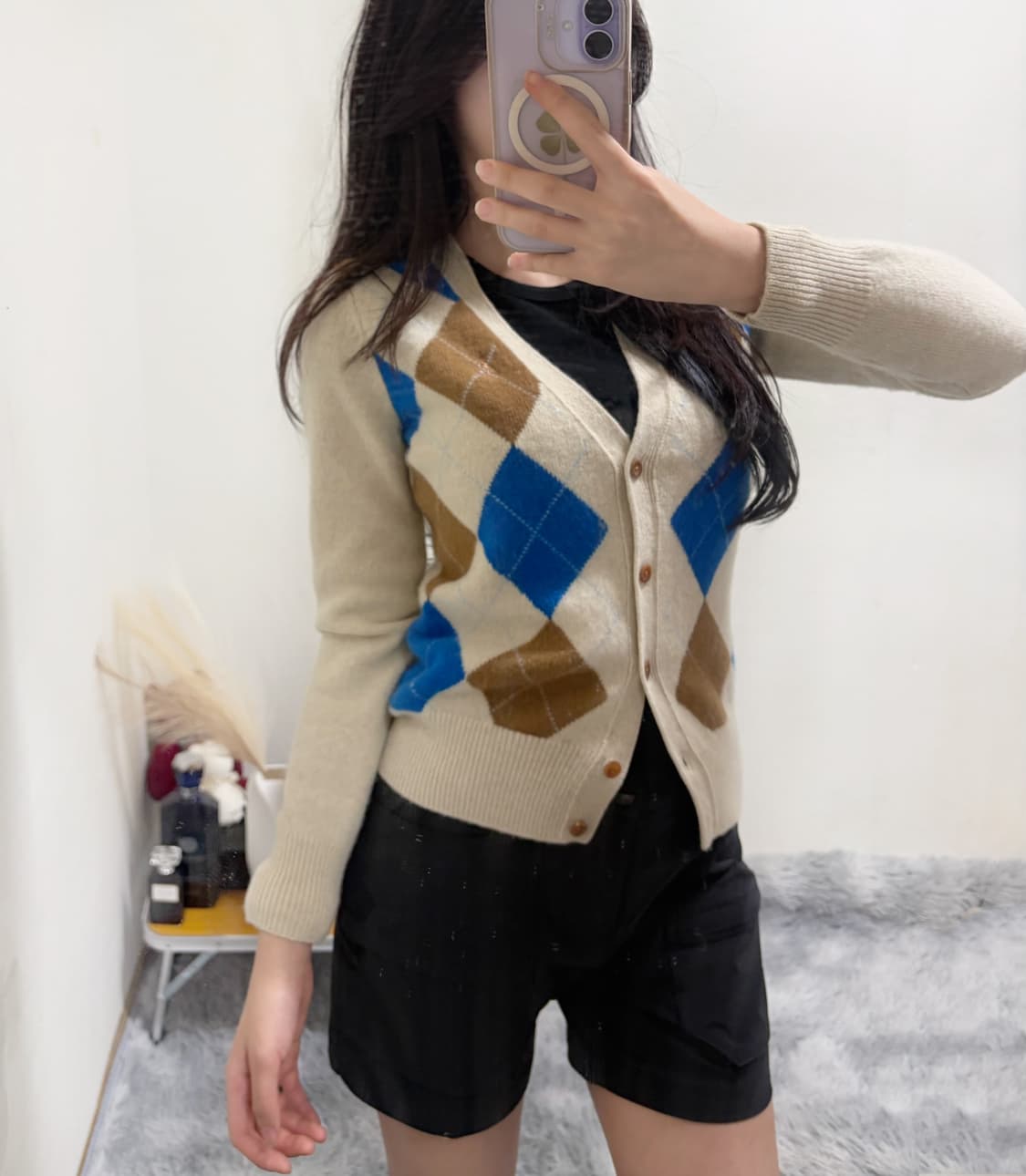 빈폴 베이지 아가일 니트 가디건(xs) 상품이미지1