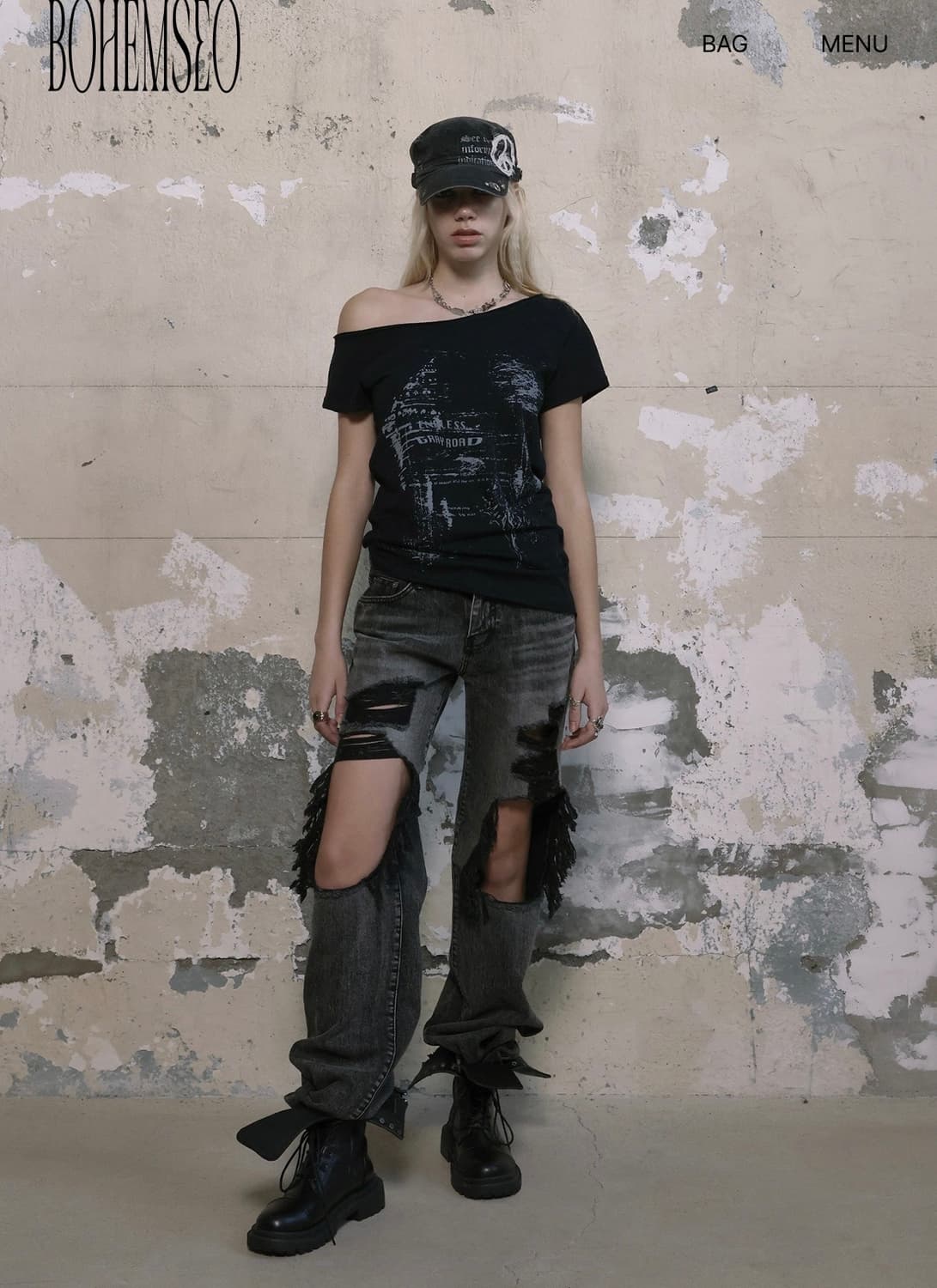 보헤미안서울 펑키 스쿱 넥 티 콘치 블랙 상품이미지2