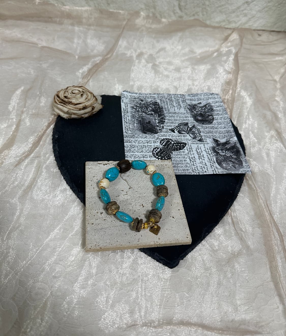 빈티지 터키석 단향우드 친향우드 보리주 구슬 밴딩 팔찌 상품이미지1