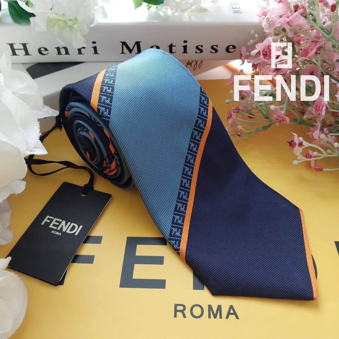 펜디 실크 블루 주카 자카드 레지멘탈 넥타이 8.5cm 새제품 K1701 상품이미지1
