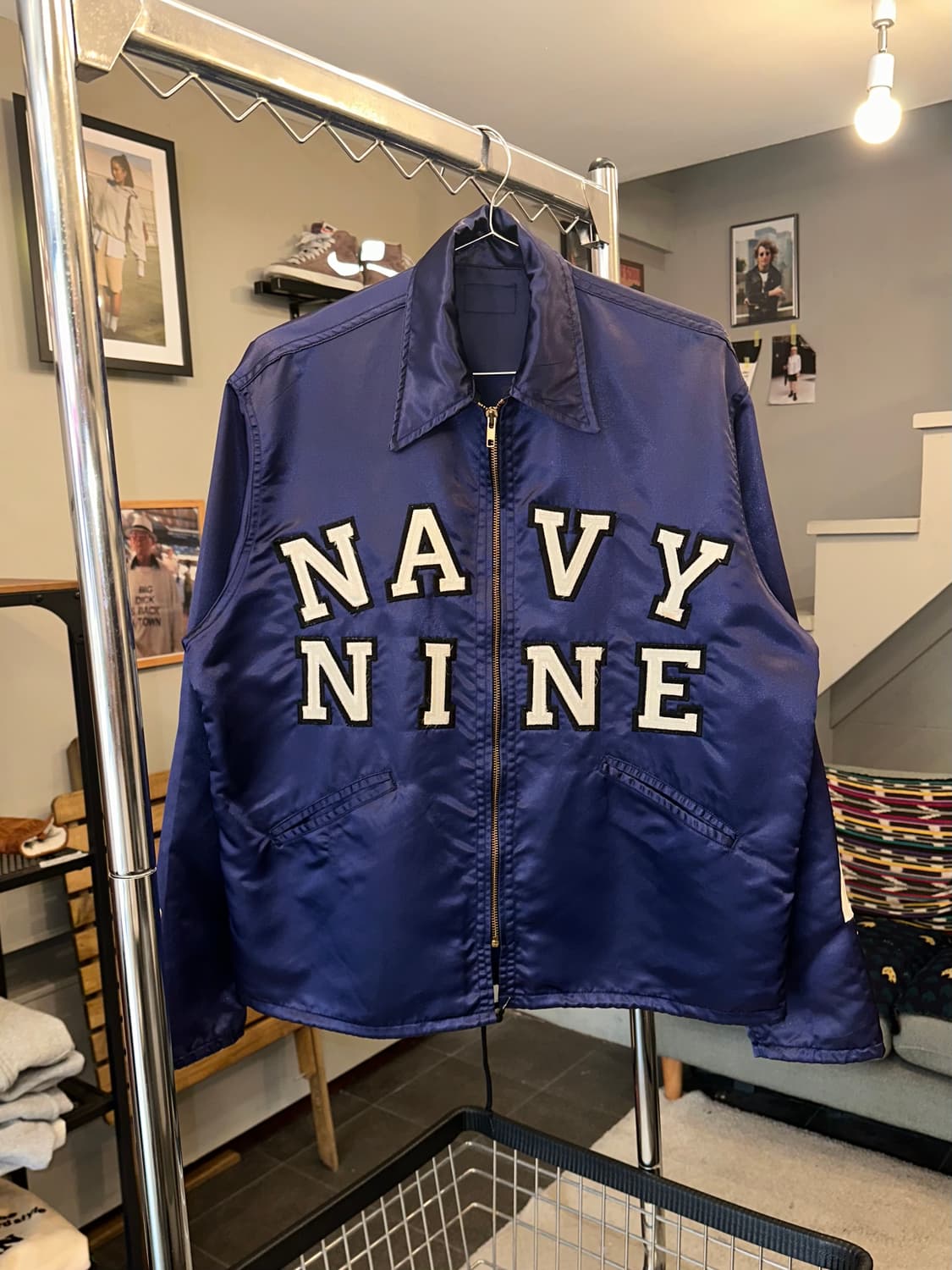 90’s Navy Nine patch satin coach jacket 상품이미지4