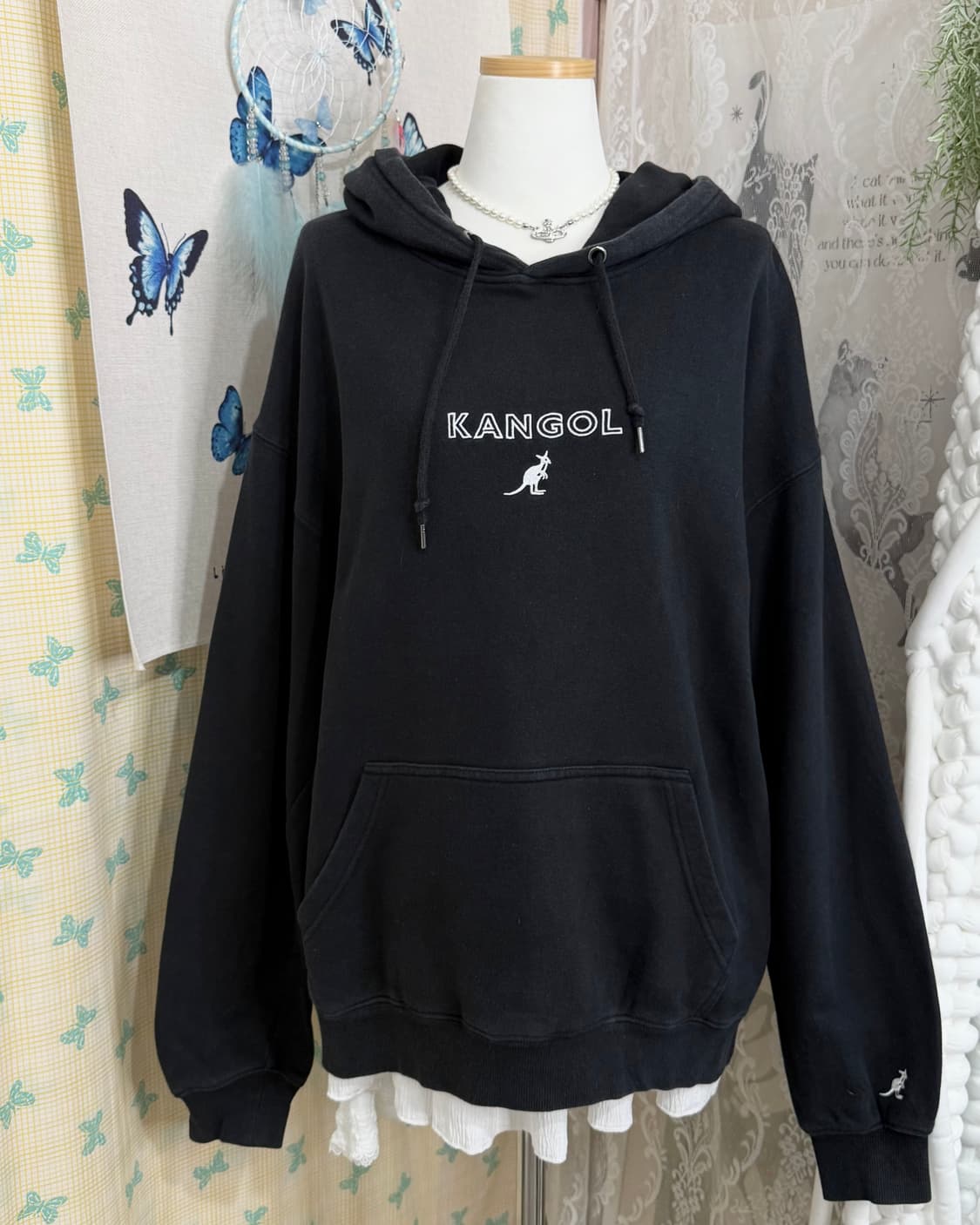 캉골 블랙 오버핏 로고 후드 티셔츠 상품이미지3
