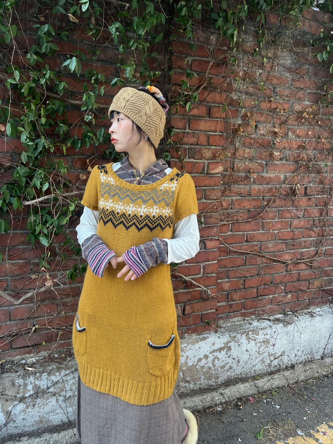 머스타드 니트 레이어드 원피스 상품이미지3