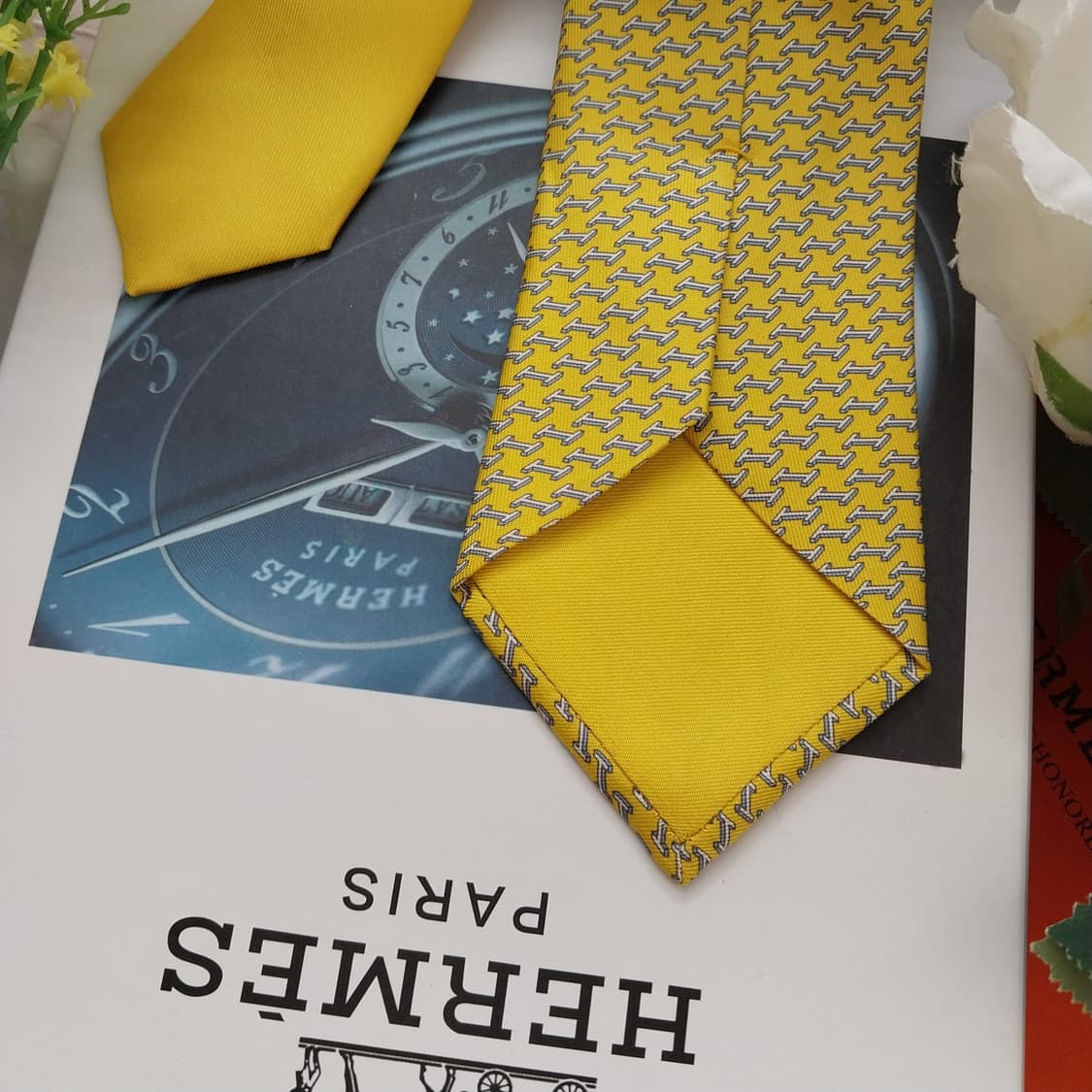 에르메스 실크 옐로 H 헬리패드 패턴 넥타이 7.4cm 새상품 K1372 상품이미지6