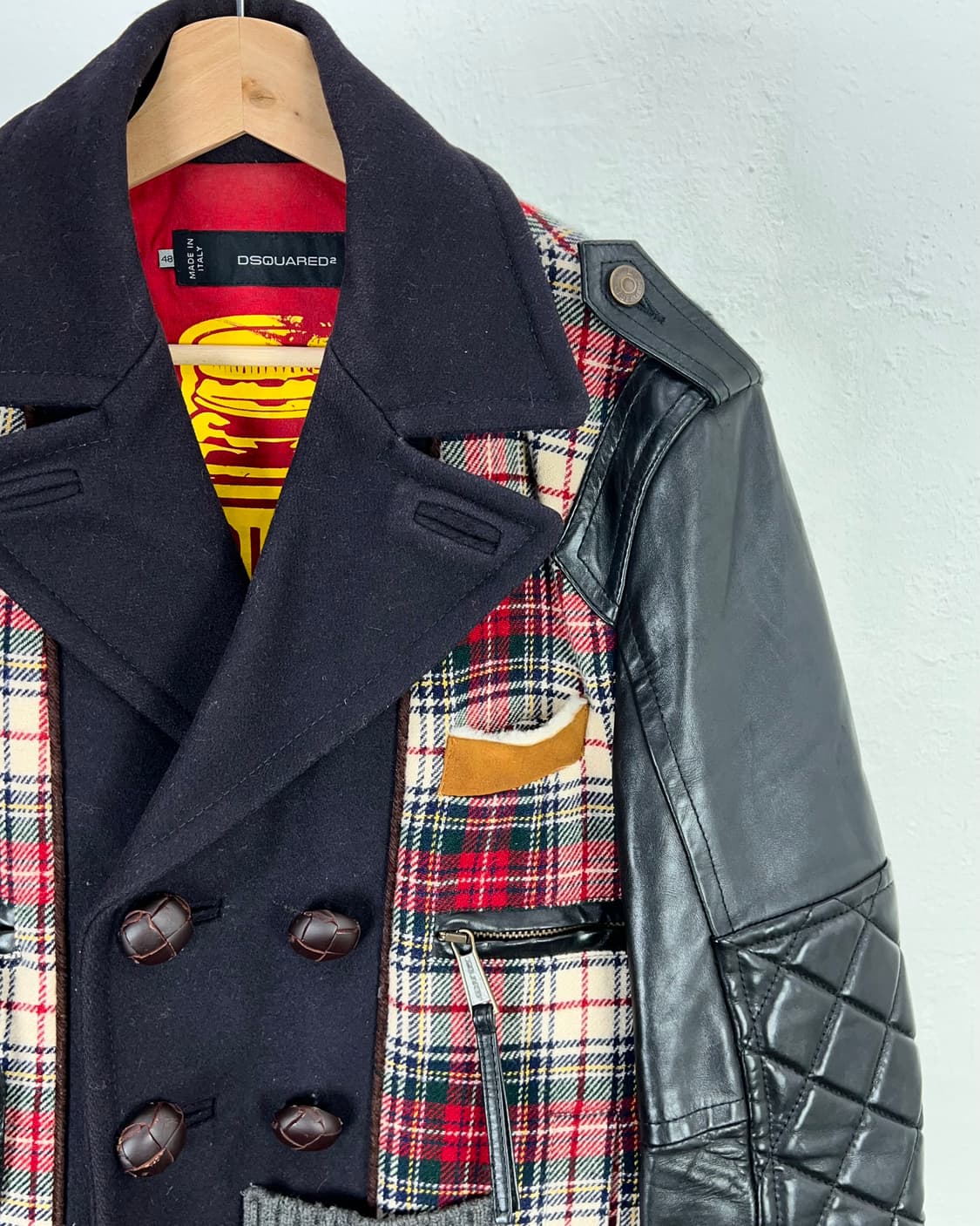 디스퀘어드2 패치드 체크 레더 울 더블 코트 자켓 상품이미지3