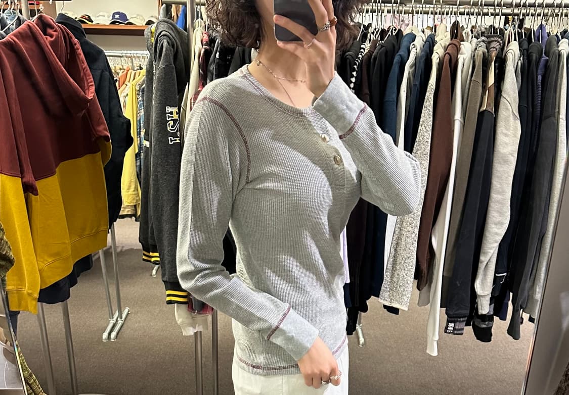 M)Japanese vintage 여성 그레이 와플 헨리넥 롱슬리브 상품이미지2