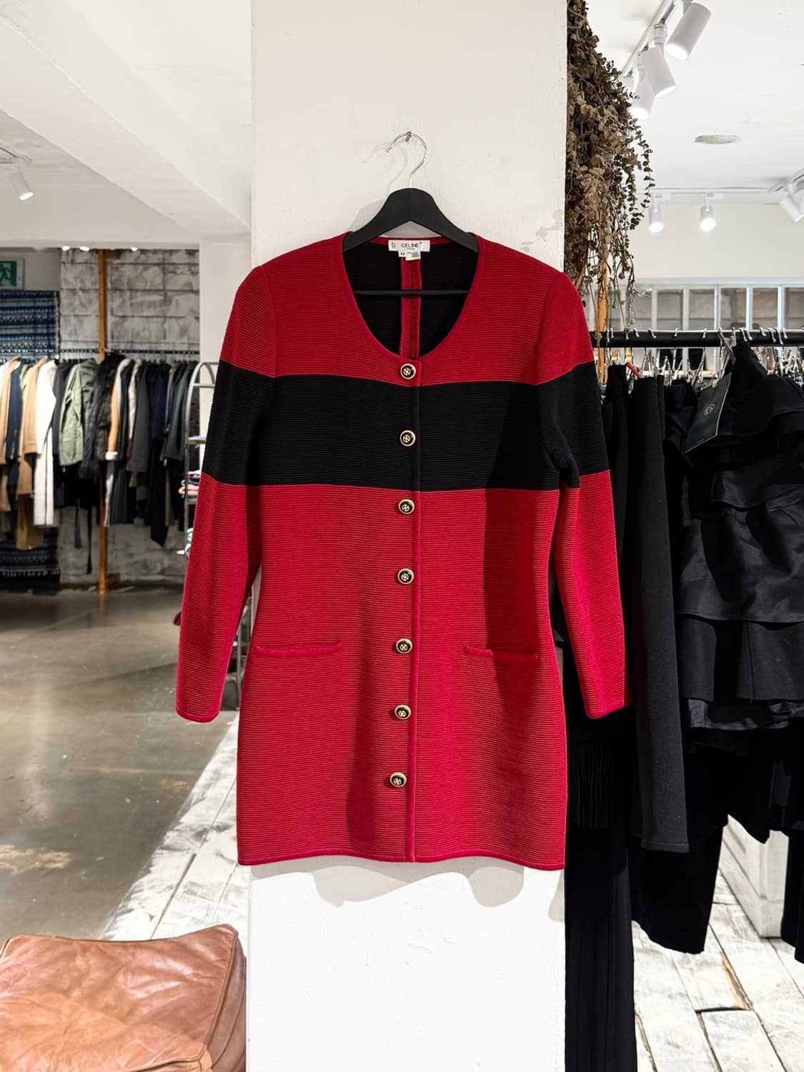 셀린느 레드 블랙 투톤 울 니트 가디건 드레스 상품이미지1