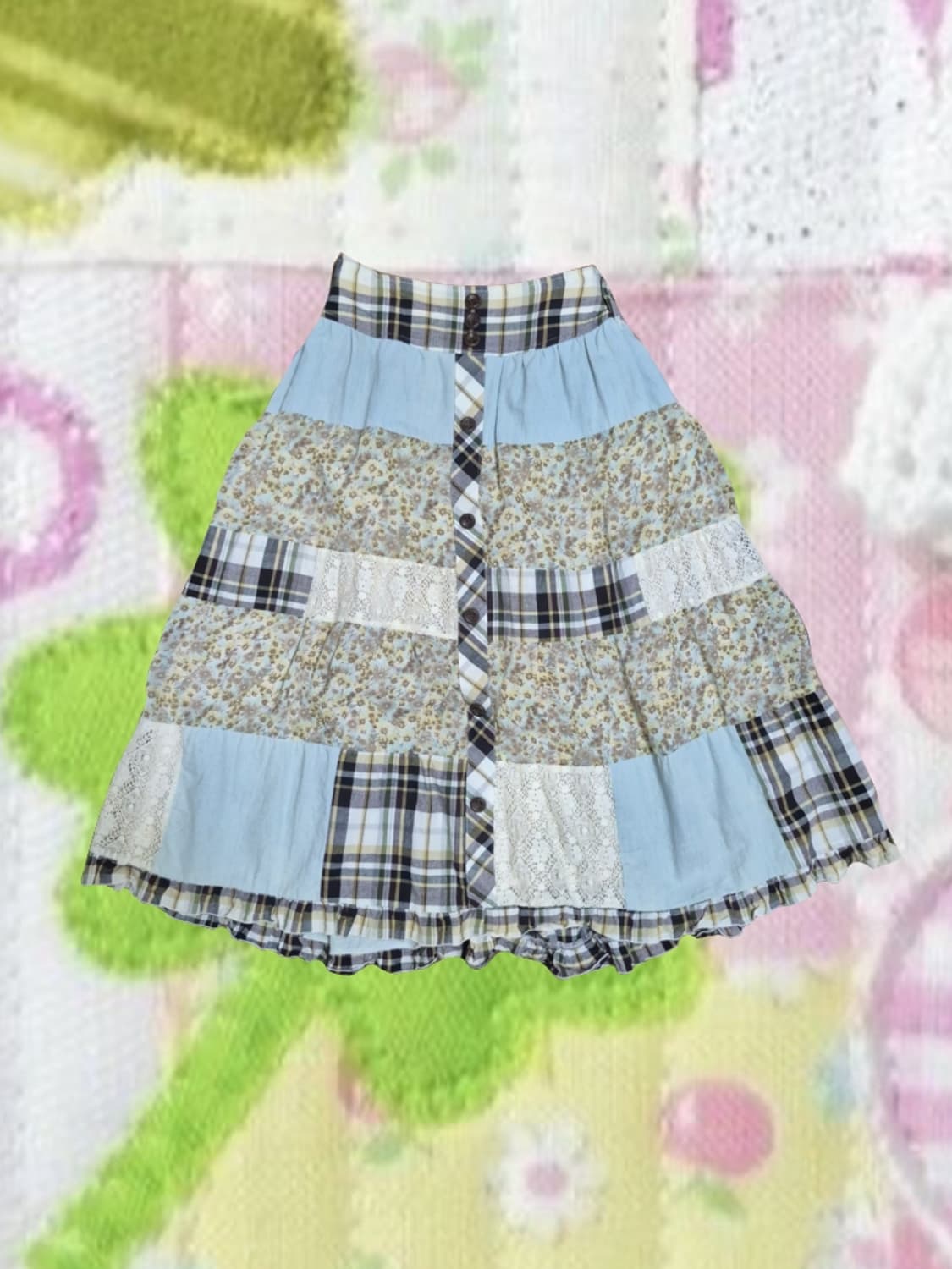 일본 빈티지 모리걸 패치워크 스커트 원피스  레이스 체크 코코모리 상품이미지1