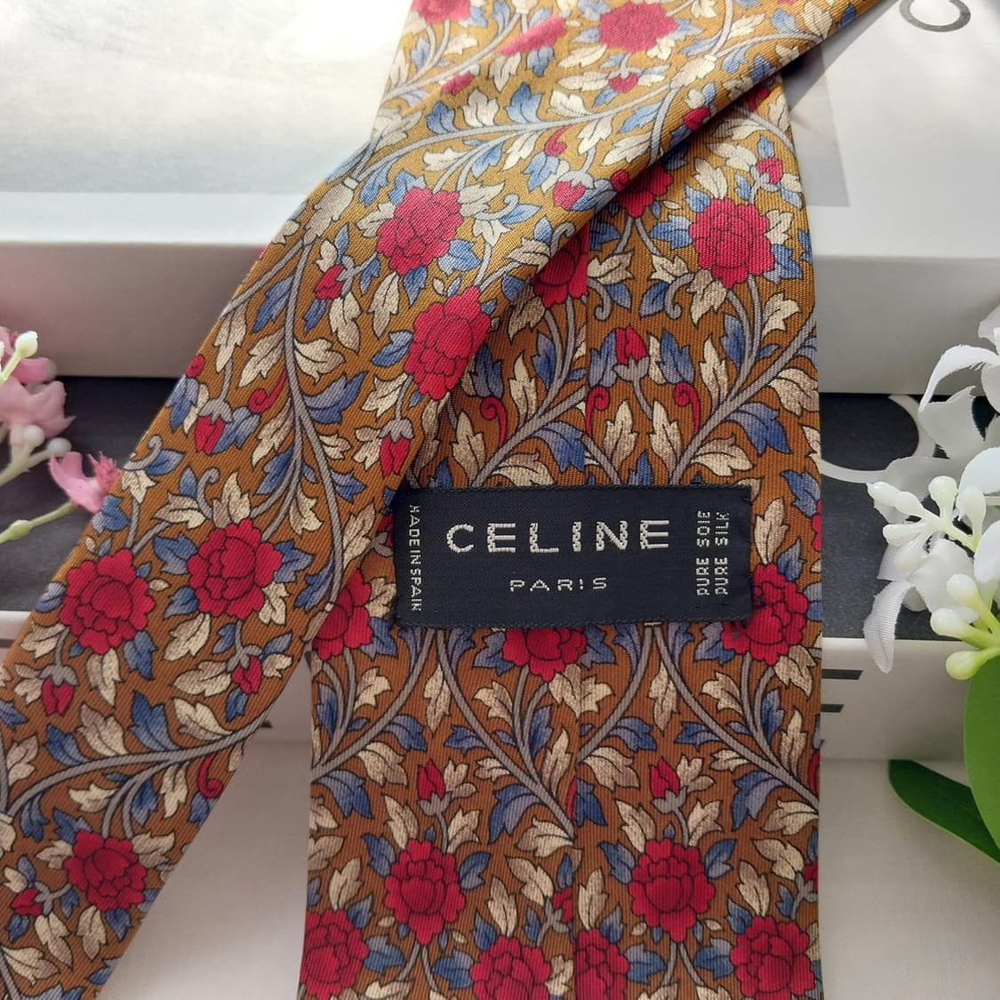 셀린느 실크 브라운 플라워 모티브 넥타이 9.6cm A등급 K1866
 상품이미지6