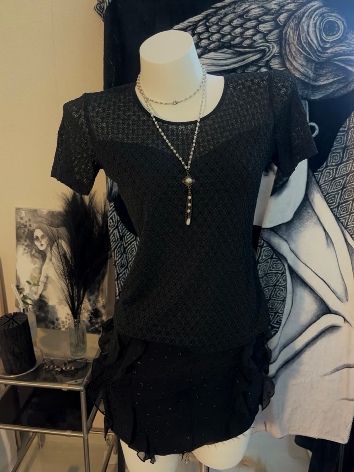 see-through lace top & skirt set 상품이미지1