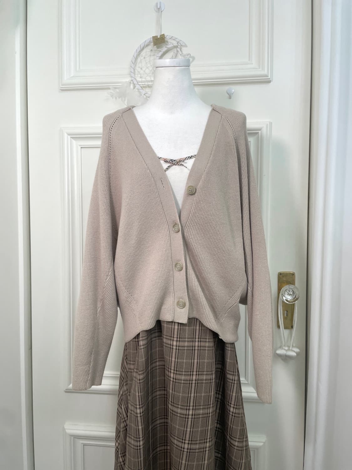 pink beige rib over basic cardigan 상품이미지1