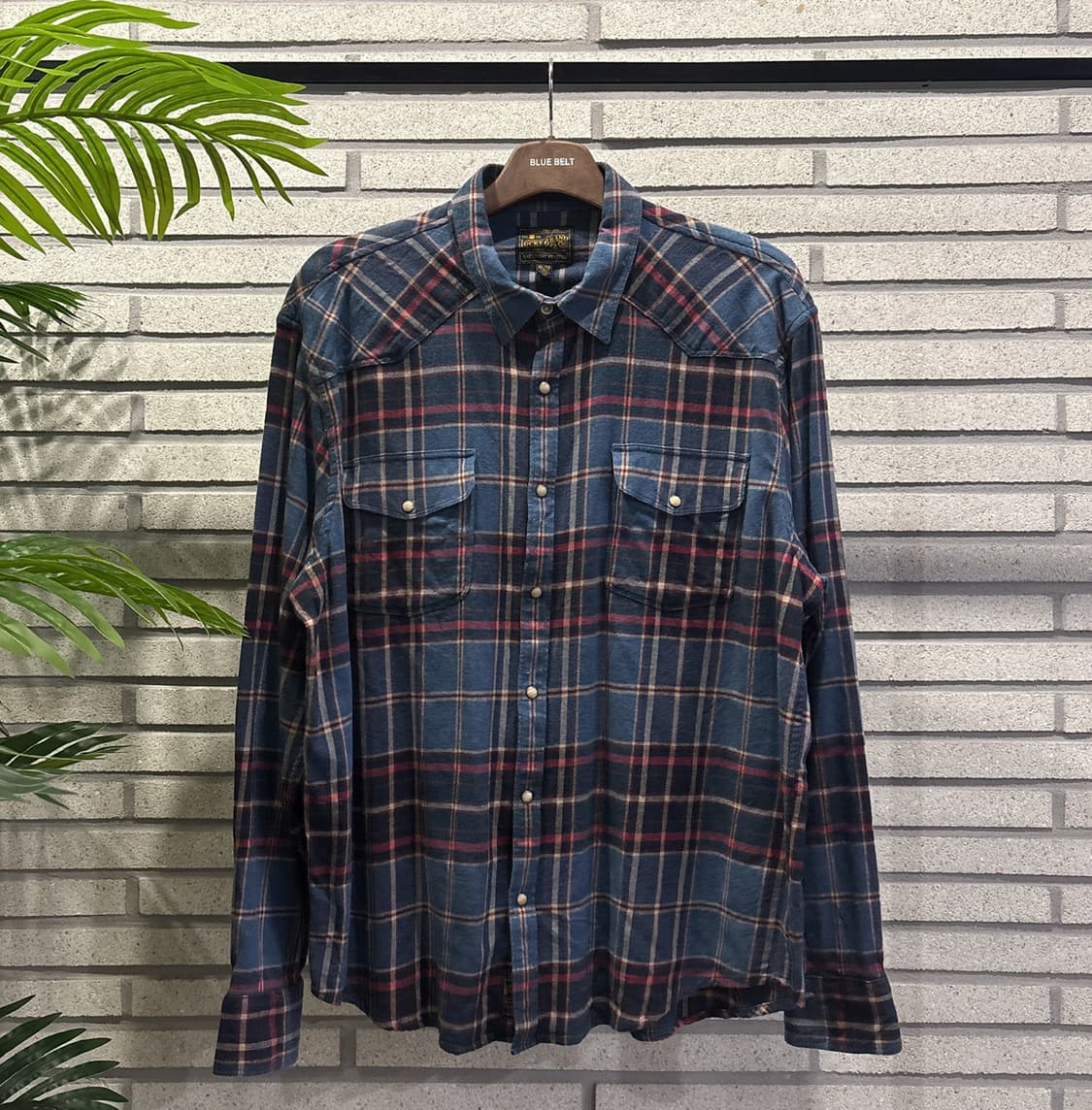 USA VINTAGE 볼드 타탄체크 플란넬 셔츠 웨스턴 요크 디테일 블루 상품이미지2
