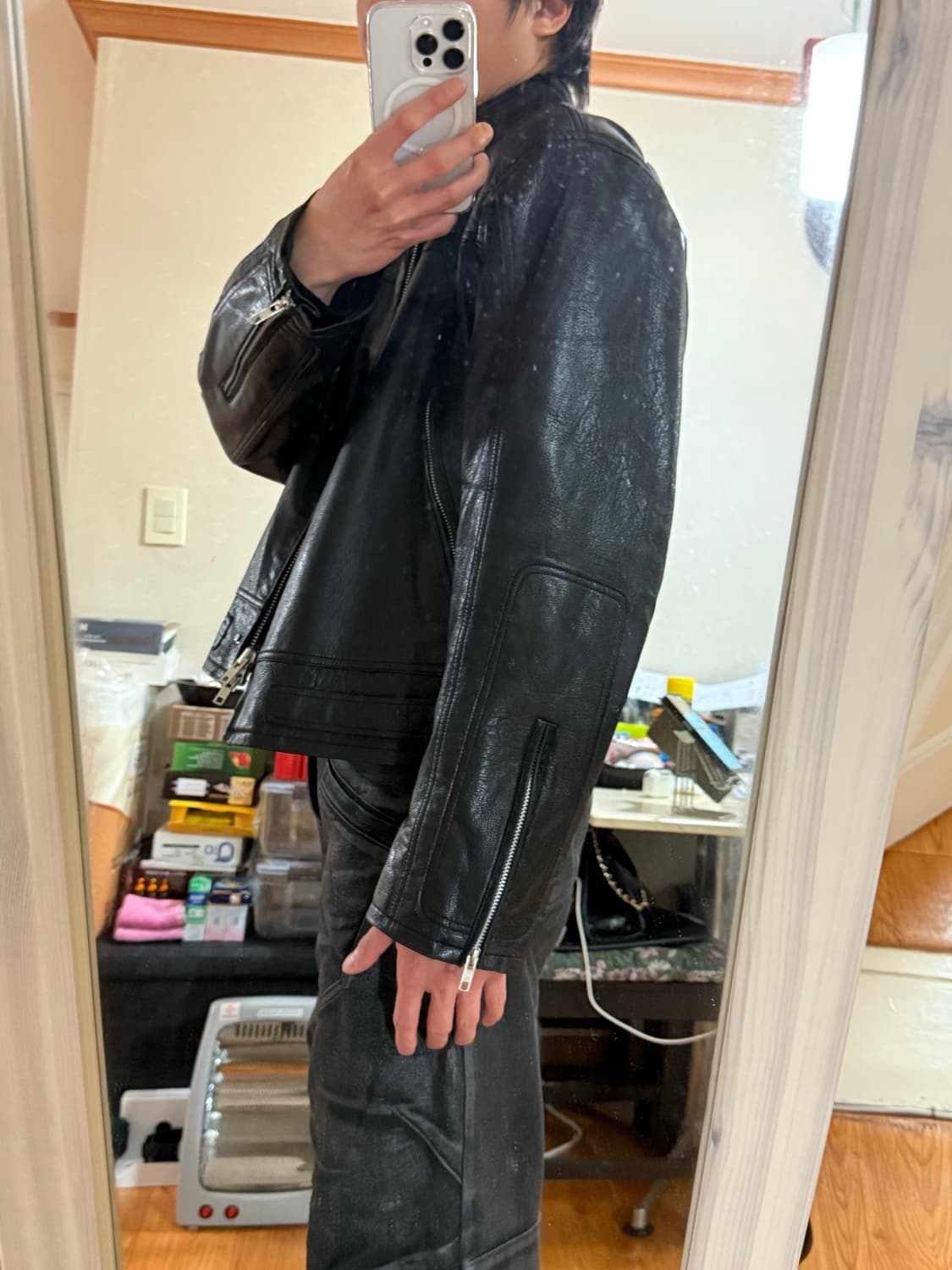 알렌느 - 벨티드 3D 레더 바이커 자켓 (블랙/1) 상품이미지8