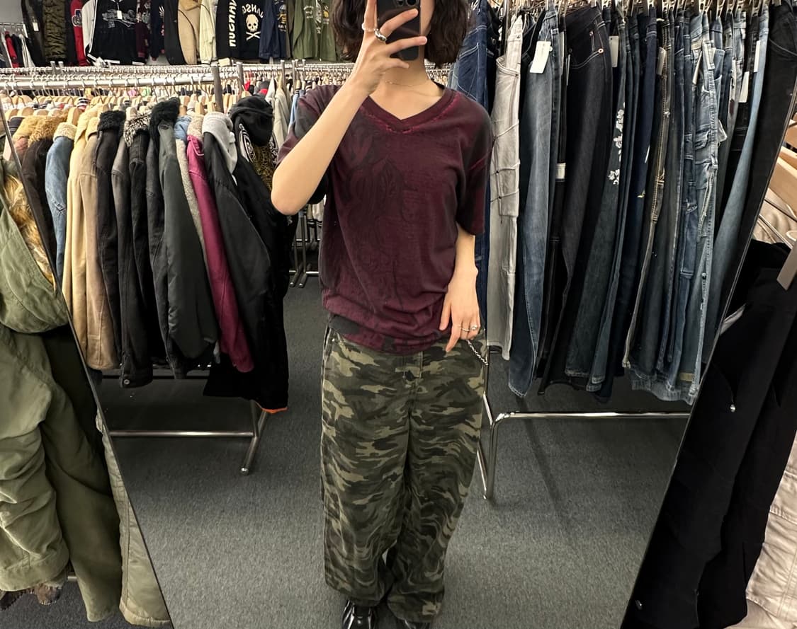 L)American vintage Y2K 스컬프린팅 패턴 브이넥 반팔 상품이미지2