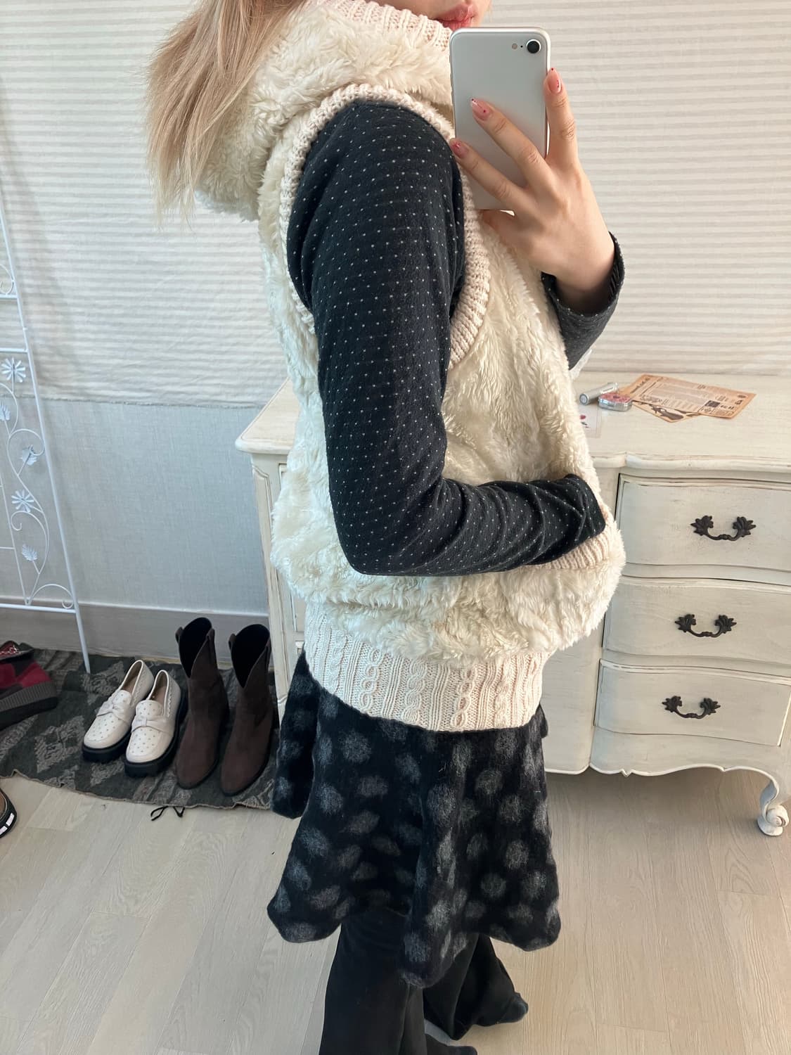 jpn vintage 아이보리 퍼 니트 후드 베스트  상품이미지5